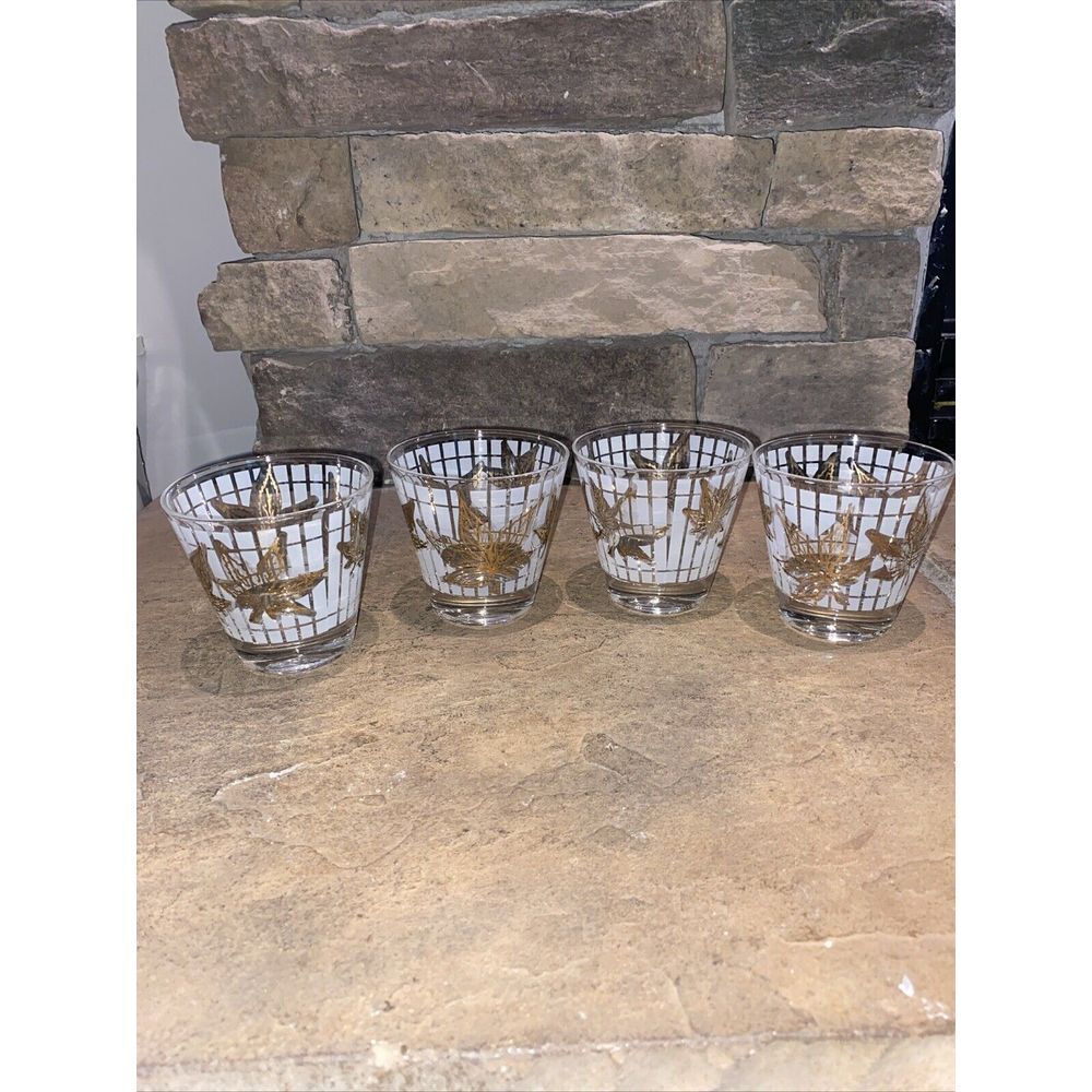 4 Fred Press Low Ball‎ Rocks Glasses * 22kt Gold * Leaf Design